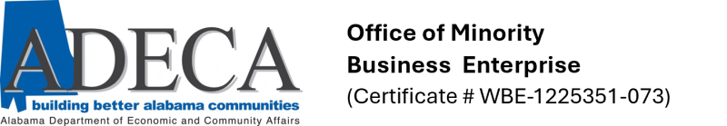 ADECA logo with the slogan 'building better Alabama communities' and the line 'Office of Minority Business Enterprise (Certificate # WBE-1223531-073)'.